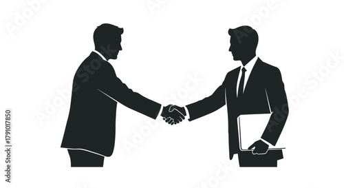Two silhouetted male figures in suits shaking hands, with one holding a folder, symbolizing a business agreement.