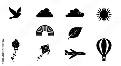 Collection of nine black silhouette icons featuring a bird, clouds, sun, rainbow, leaf, hop cone, kite, airplane, and hot air balloon.