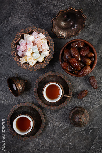 Traditional Turkish tea with dates and lokum for Ramadan Iftar