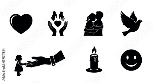 Black silhouette icons of a heart, helping hands, embracing couple, flying dove, supporting hand, candle, and smiling face depicting love and care.