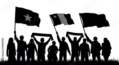 Silhouetted group of diverse adults holding flags and banners with star designs, standing on grass with a clear sky background.