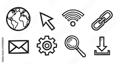 Black outline icons depicting a globe, cursor, wi-fi signal, chain link, envelope, gear, magnifying glass, and download arrow.