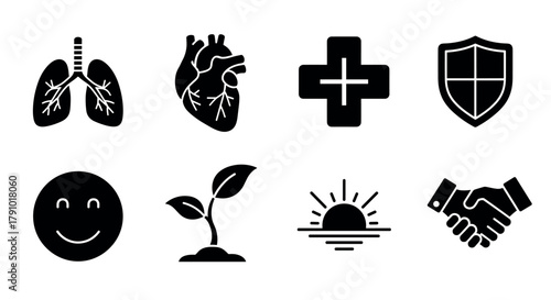 Set of eight black outline icons including lungs, heart, medical cross, shield, smiley face, plant, sunset, and handshake.