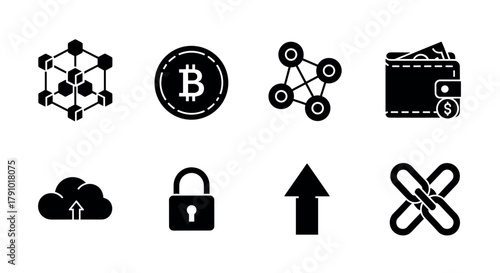 Various black icons representing blockchain, cryptocurrency, digital wallets, cloud storage, security, and data uploading and linking.
