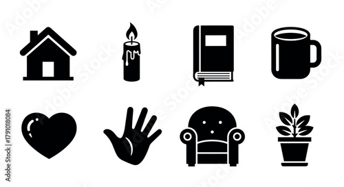 Black silhouette icons of a house, candle, book, mug, heart, hand, armchair, and potted plant arranged in two rows.