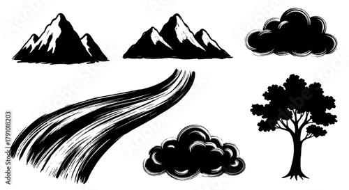 Black ink-style sketches of mountains, a winding road, clouds, and a tree, with bold and expressive brush strokes.
