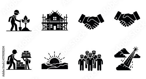 Black and white icon set depicting construction and teamwork concepts, featuring workers, a handshake, a sunrise, a building under construction, and teamwork symbols.