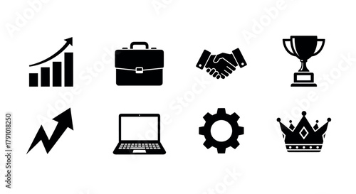 Icon set featuring business and success symbols, including a bar graph, briefcase, handshake, trophy, rising arrow, laptop, gear, and crown.