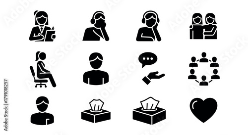 Black icons depicting various communication and interaction concepts, including customer service, teamwork, and networking.