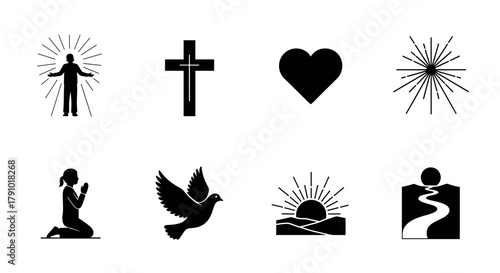 Set of eight black silhouette icons representing religious and spiritual symbols, including a praying person, dove, cross, heart, and sunburst.