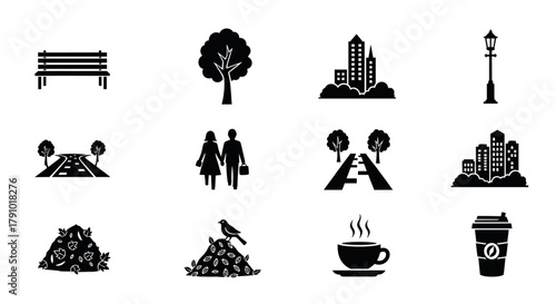 Black silhouette icons of urban elements including a park bench, trees, buildings, a streetlamp, a walking couple, a bird on leaves, and coffee cups.