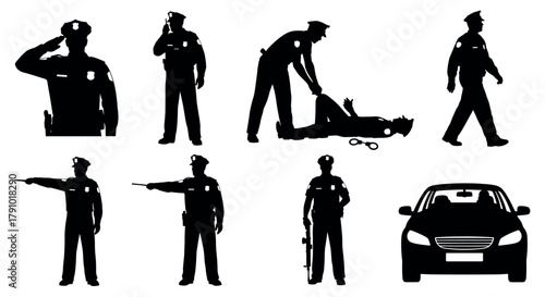 Black silhouette icons of police officers performing various actions, including saluting, standing, arresting, patrolling, and pointing, alongside a police car.