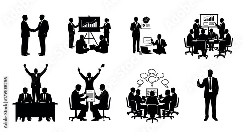 Monochrome silhouettes of diverse business professionals engaging in various teamwork and presentation activities, including meetings and collaborative discussions.