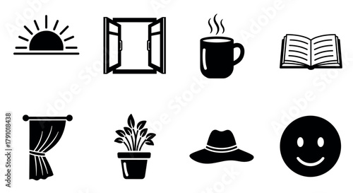 Black and white icons depicting a sunrise, open window, steaming coffee cup, open book, curtain, potted plant, hat, and smiling face.