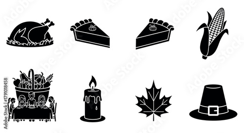 Black silhouette icons of thanksgiving items including turkey, pumpkin pie, corn, harvest basket, family dinner, candle, maple leaf, and pilgrim hat.