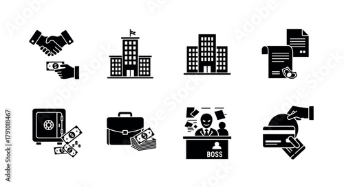 Black icons depicting business transactions, financial concepts, and corporate environments with images of buildings, documents, and monetary exchanges.