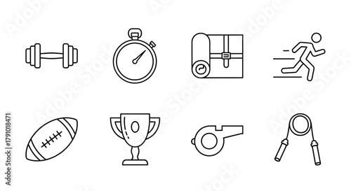 Black outline icons of fitness and sports equipment, including dumbbell, stopwatch, yoga mat, running figure, football, trophy, whistle, and jump rope.
