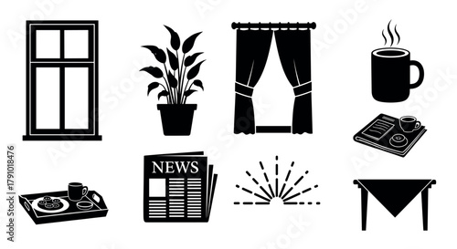 Black and white icons depicting a window, potted plant, curtains, hot beverage cup, breakfast tray, newspaper, sunrise, and table with a tablecloth.