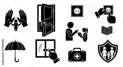 Black silhouette icons illustrating various safety and protection concepts, including emergency kits, child safety, and home security measures.