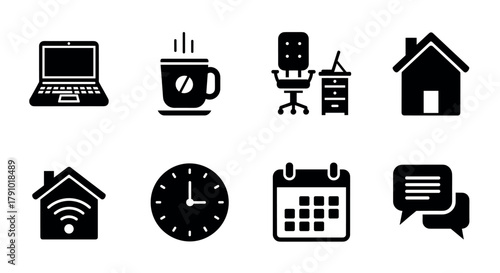 A collection of black silhouette icons depicting a laptop, coffee cup, office chair with desk, house, house with wi-fi, clock, calendar, and speech bubbles.