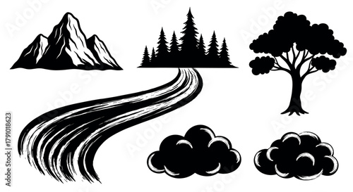 Black silhouette icons of a mountain, a winding road, pine trees, a deciduous tree, and two clouds. simple monochrome representations for nature and travel concepts.