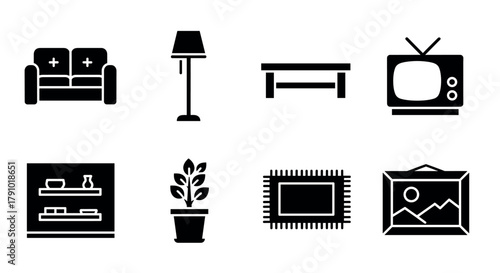Black solid icons depicting various household objects including a sofa, floor lamp, bench, television, shelves, potted plant, rug, and framed picture.