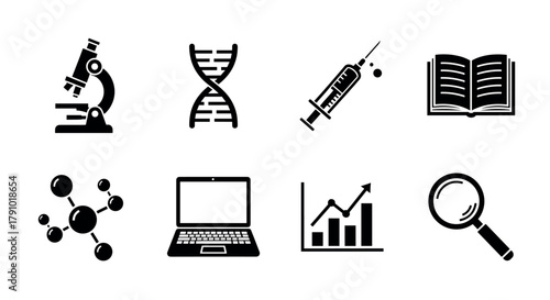 Black icons representing scientific tools and concepts including a microscope, dna strand, syringe, open book, molecule, laptop, graph, and magnifying glass.