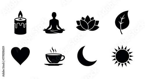 Set of eight black silhouette icons including a candle, meditating figure, lotus flower, leaf, heart, teacup, crescent moon, and sun.