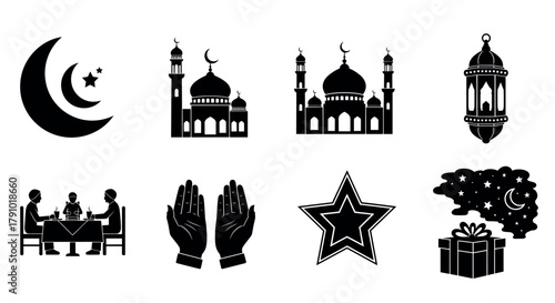 Black silhouette icons depicting islamic symbols including mosques, crescent moons, stars, a lantern, people dining, praying hands, and a night scene with a gift box.