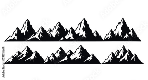Black and white illustration of two parallel rows of jagged mountain peaks with sharp, distinct edges.