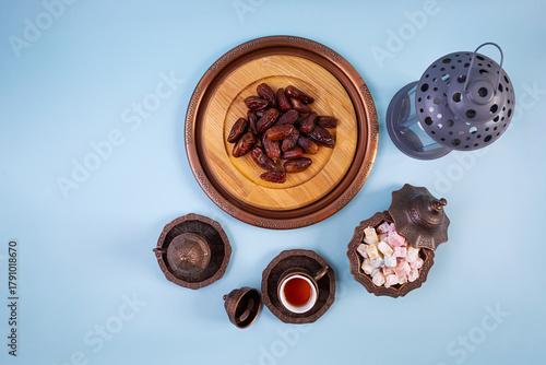Traditional Turkish tea with dates and lokum for Ramadan Iftar