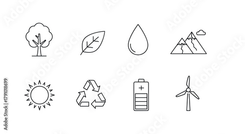 Black outline icons of an eco-friendly theme with symbols of a tree, leaf, water droplet, mountains, sun, recycling, battery, and wind turbine.