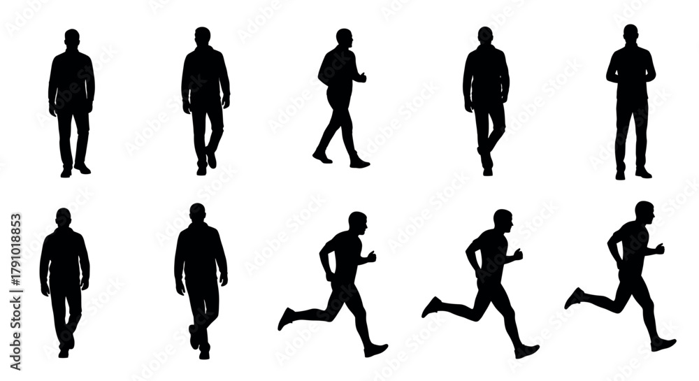 Fototapeta premium Silhouettes of men in various poses, including walking, standing, and running, captured in black on a plain background.