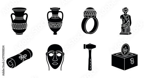 Black silhouette icons of ancient artifacts, including amphorae, a ring, a statue, a scroll, a mask, a hammer, and a donation box.
