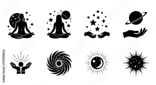 Eight black silhouette icons depicting meditation, planetary, and star themes including seated figures, hands with stars, and celestial bodies.