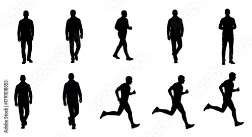 Silhouettes of men in various poses, including walking, standing, and running, captured in black on a plain background.
