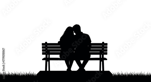 Silhouette of a couple sitting closely together on a bench, sharing an intimate moment, surrounded by grass.