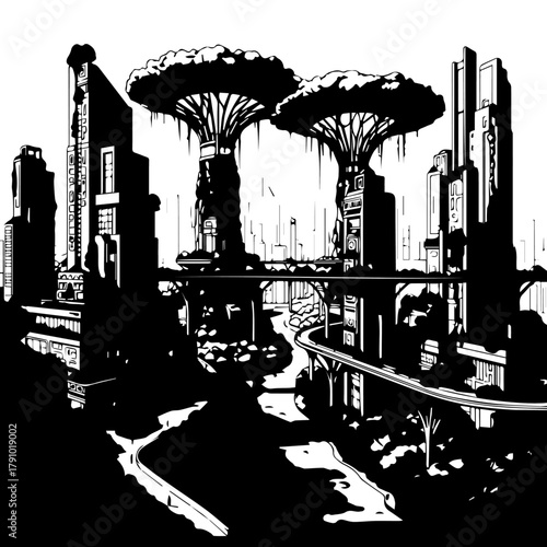 Futuristic Cityscape with Skyscrapers and Green Rooftop Gardens.