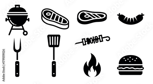 Black silhouette icons depicting a barbecue grill, steaks, spatula, fork, skewer, sausage, flame, and hamburger, representing various elements of outdoor cooking.