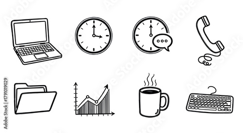 Black outline icons of eight office-related items including a laptop, clock, telephone, folder, chart, coffee cup, and keyboard, arranged neatly.