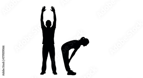 Silhouettes of two asian adults performing stretching exercises; one standing with arms raised and the other bending forward.