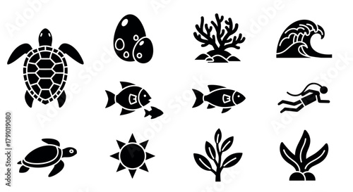 Black silhouette icons of marine life including a turtle, fish, coral, wave, diver, eggs, sun, and seaweed.