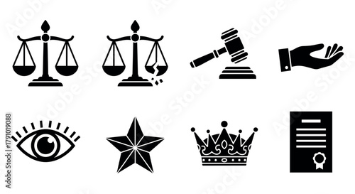 A collection of legal symbols in black silhouette style, including scales of justice, gavel, open hand, eye, star, crown, and a certificate.