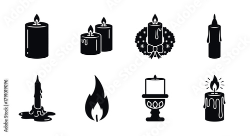 Black silhouette icons of various candle designs, including dripping candles, a candle with flame, and a decorative floral wreath.