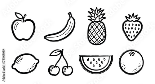 Black outline icons of various fruits including an apple, banana, pineapple, strawberry, lemon, cherries, watermelon, and orange. minimalistic design for fruit and food themes.