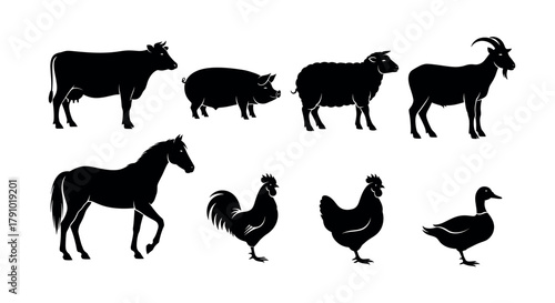 Black silhouette illustrations of various farm animals including a cow, pig, sheep, goat, horse, rooster, hen, and duck in side view.