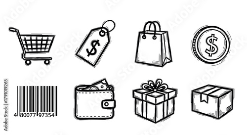 Black outline icons of a shopping cart, price tag, shopping bag, coin, barcode, wallet with cash, gift box, and cardboard box.