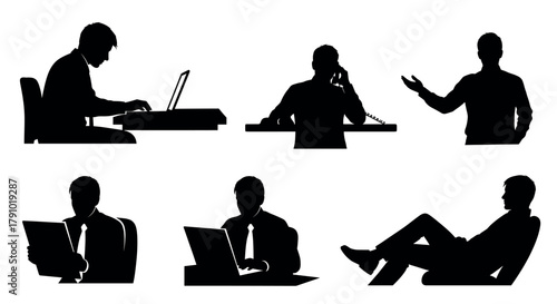 Silhouettes of adult caucasian male professionals in various office poses, including using a laptop, making a phone call, and presenting.