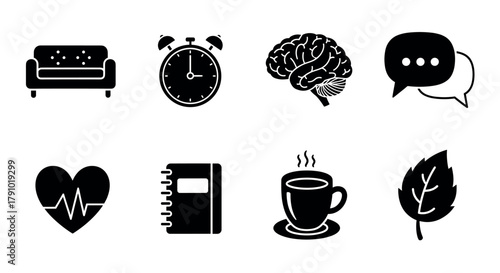 Eight black silhouette icons representing a couch, alarm clock, brain, speech bubbles, heart rate monitor, notebook, steaming coffee cup, and a leaf.