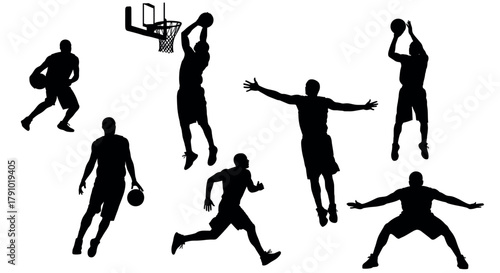 Silhouettes of male basketball players in various dynamic poses during gameplay, including dribbling, jumping, and shooting towards a hoop.